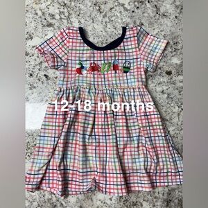 Baby girl 12-18 month plaid beach summer dress, navy, monogram